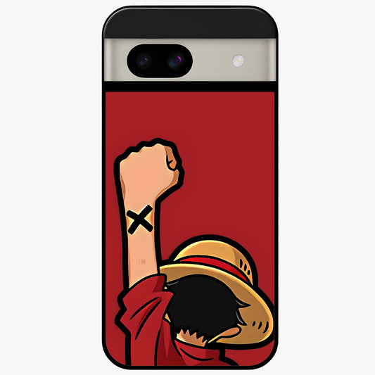 Luffy X Spirit Glass Case showing flat back view with bold anime character artwork and glossy glass finish.