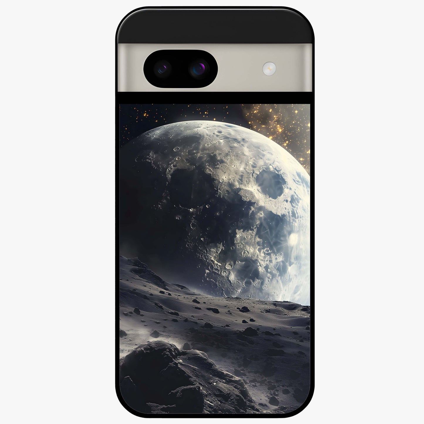 Lunar Horizon Glow Glass Case showing flat back view with glowing moon horizon artwork and glossy glass finish.