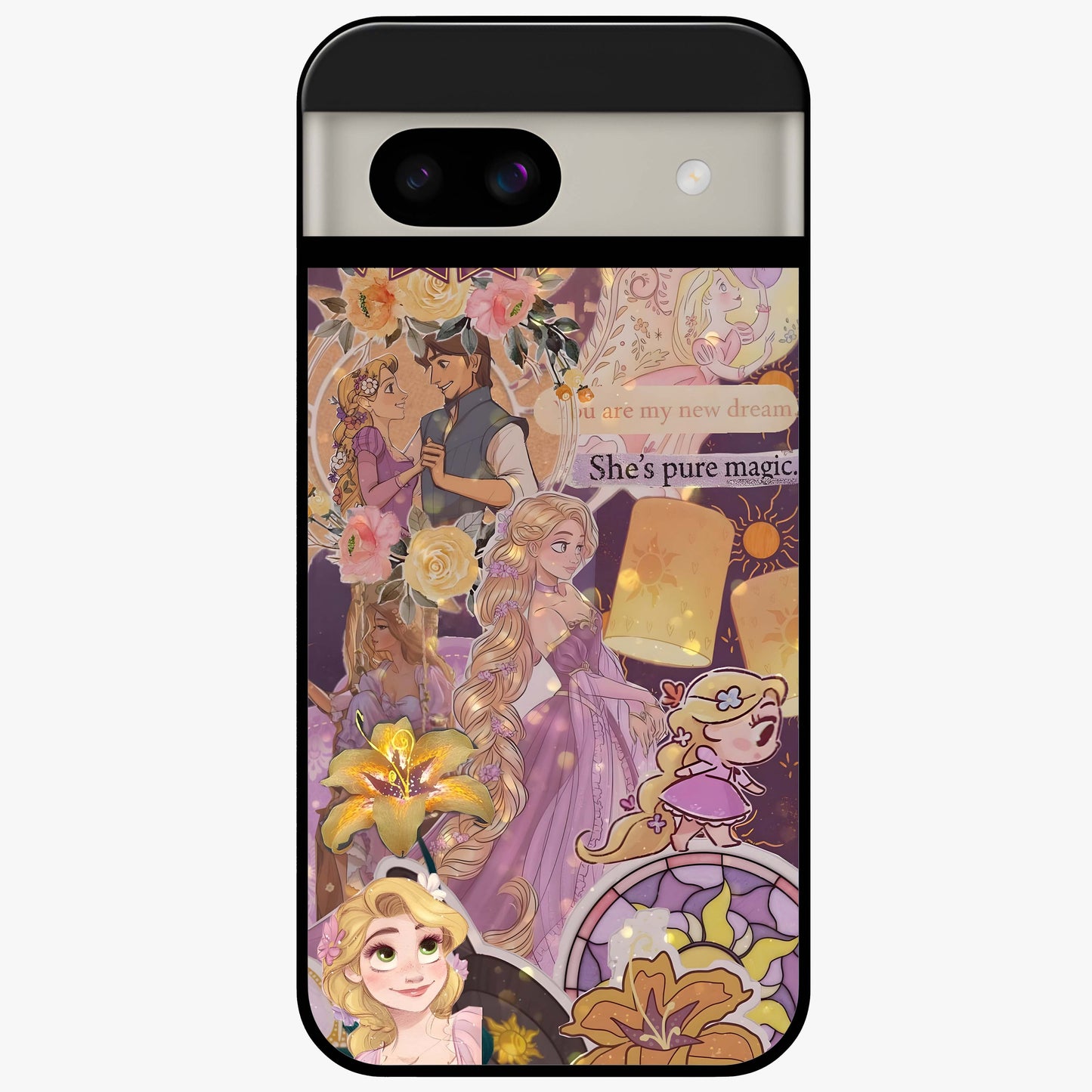 Magical Tangled Dream Glass Case showing flat back view with dreamy tangled artwork and glossy glass finish.
