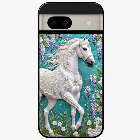 Majestic Floral Stallion Glass Case showing flat back view with powerful horse and floral artwork and glossy glass finish.