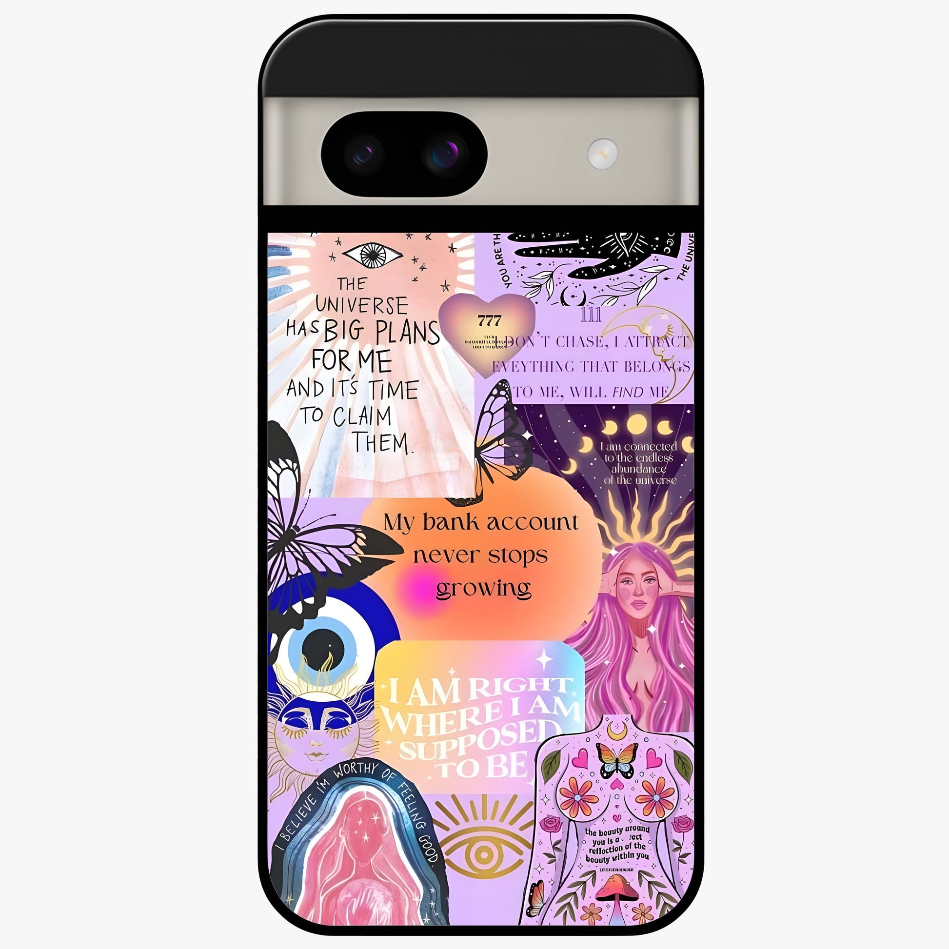 Manifestation Collage Glass Case showing flat back view with motivational collage artwork and glossy glass finish.