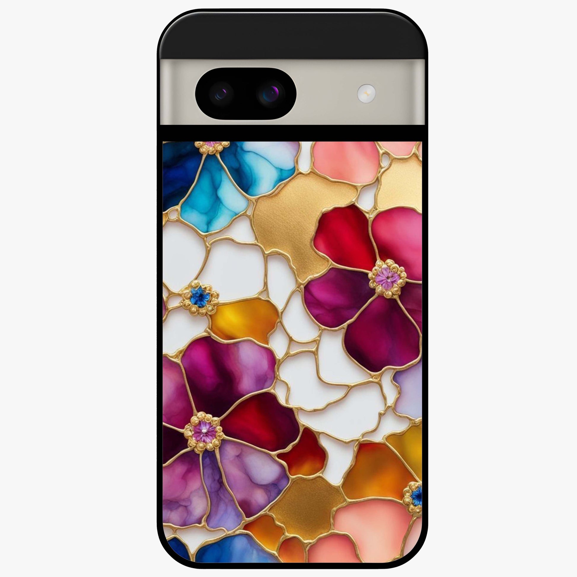 Marble Flower Pattern Glass Case showing flat back view with marble texture floral artwork and glossy glass finish.