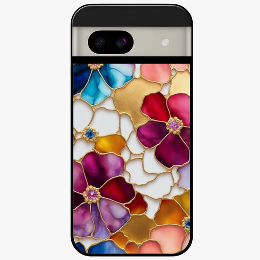 Marble Flower Pattern Glass Case showing flat back view with marble texture floral artwork and glossy glass finish.