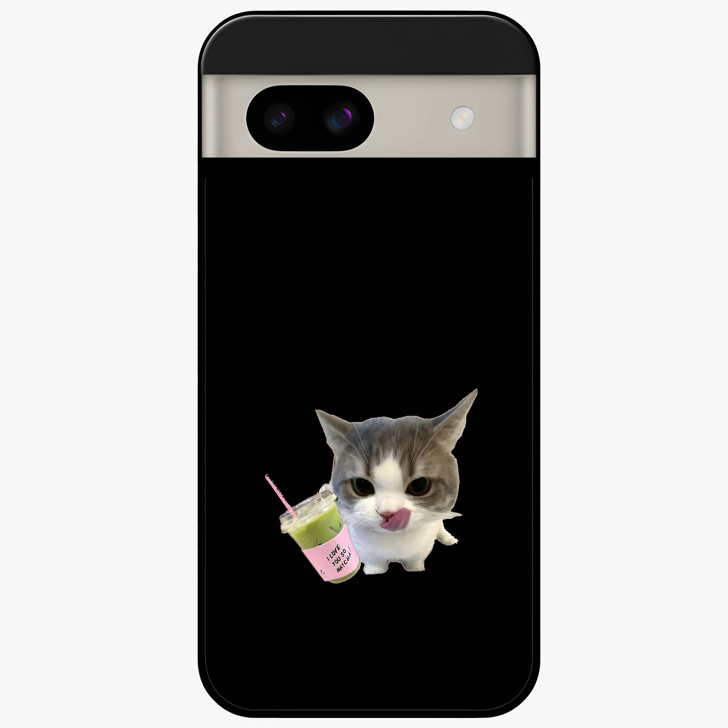 Matcha Cat Style Glass Case showing flat back view with cute matcha themed cat artwork and glossy glass finish.