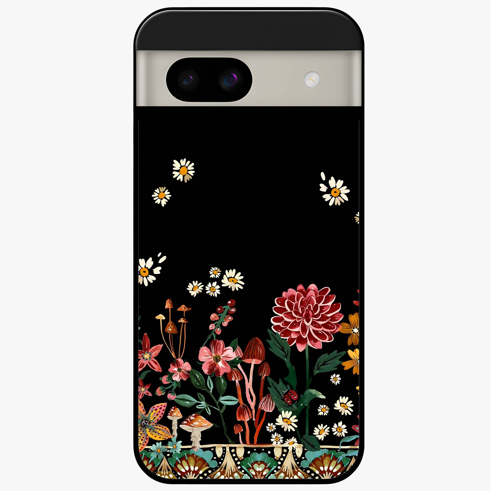 Midnight Bloom Pattern Glass Case showing flat back view with dark floral pattern artwork and glossy glass finish.