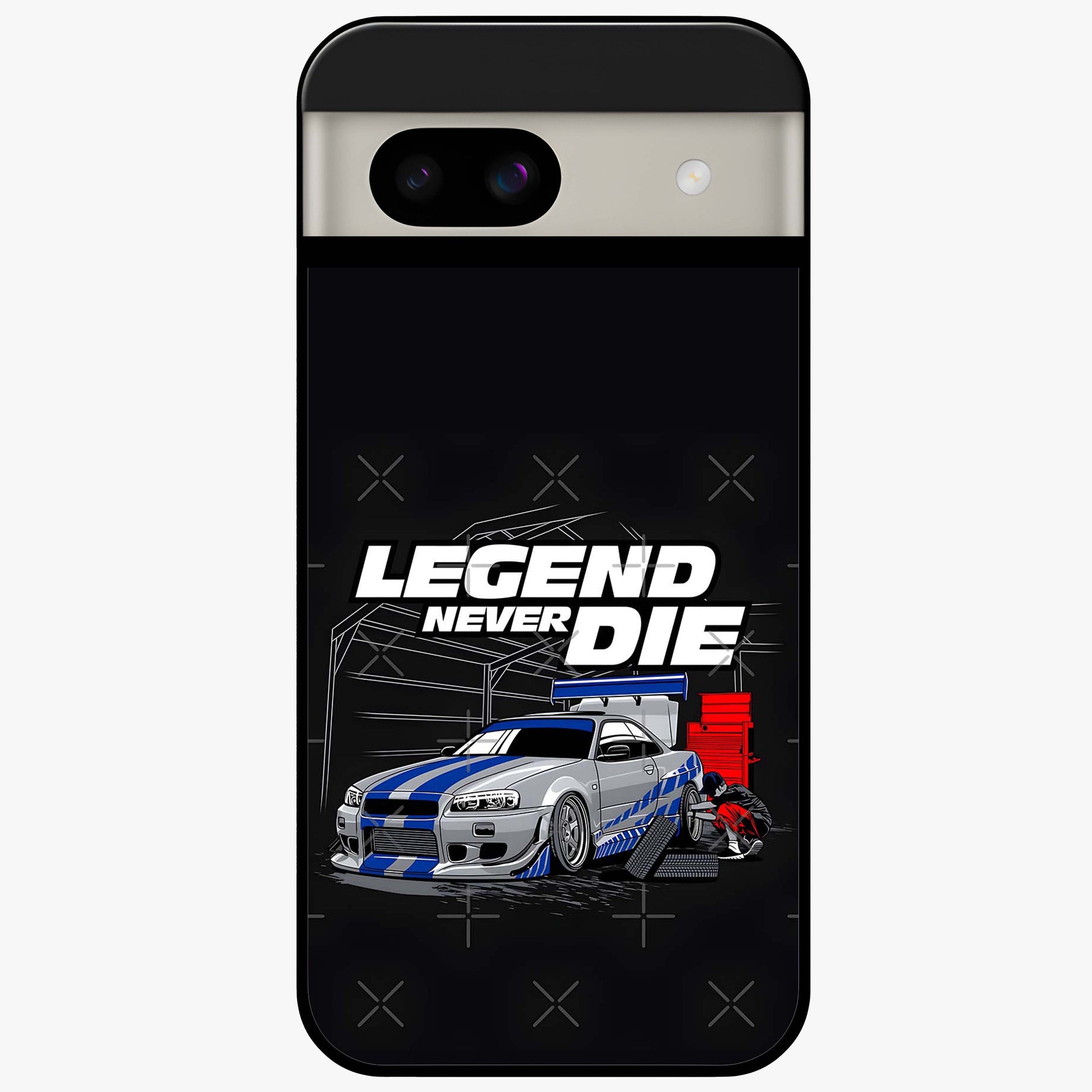 Midnight Racing Legacy Glass Case showing flat back view with sleek racing inspired artwork and glossy glass finish.
