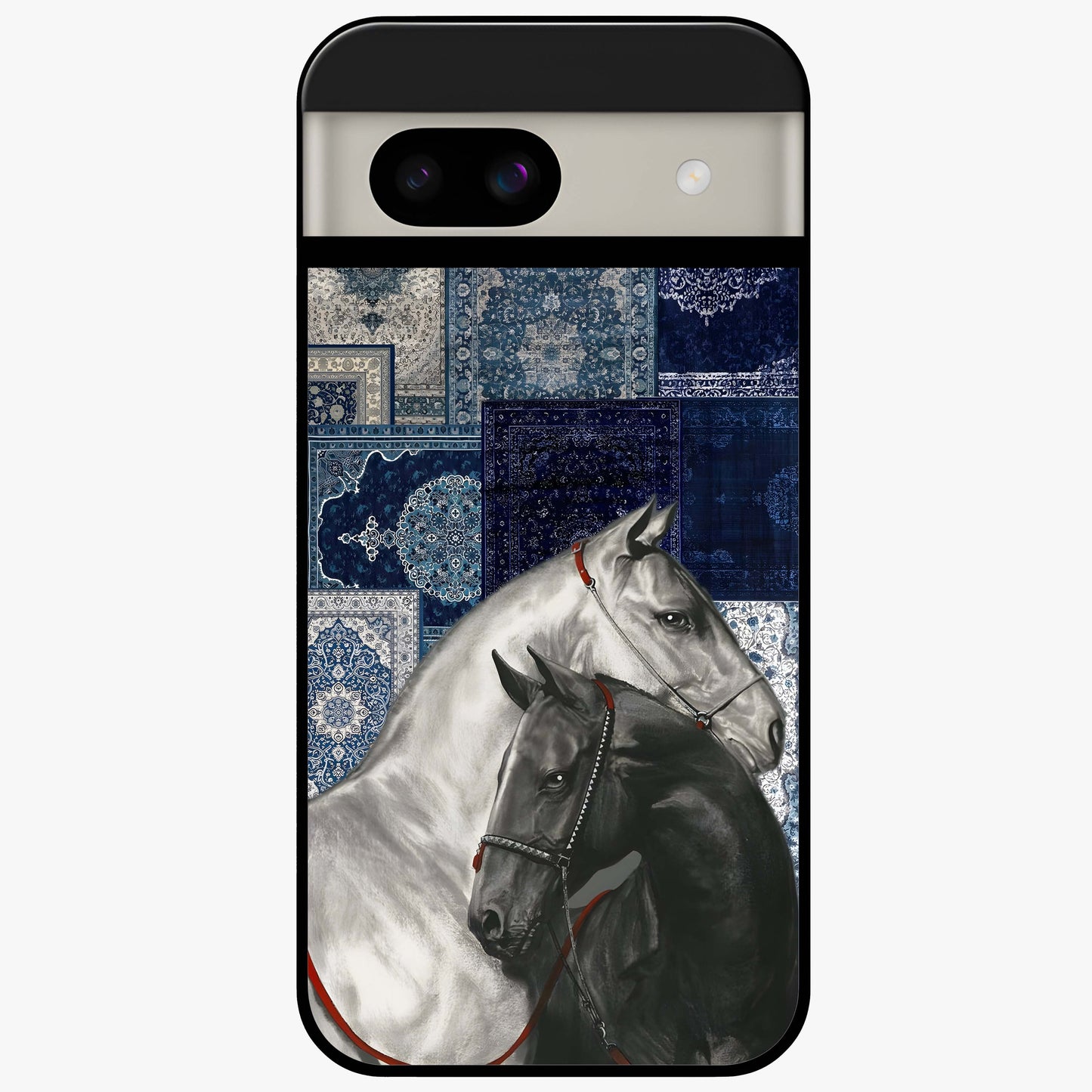 Midnight Stallion Blues Glass Case showing flat back view with majestic horse artwork and glossy glass finish.
