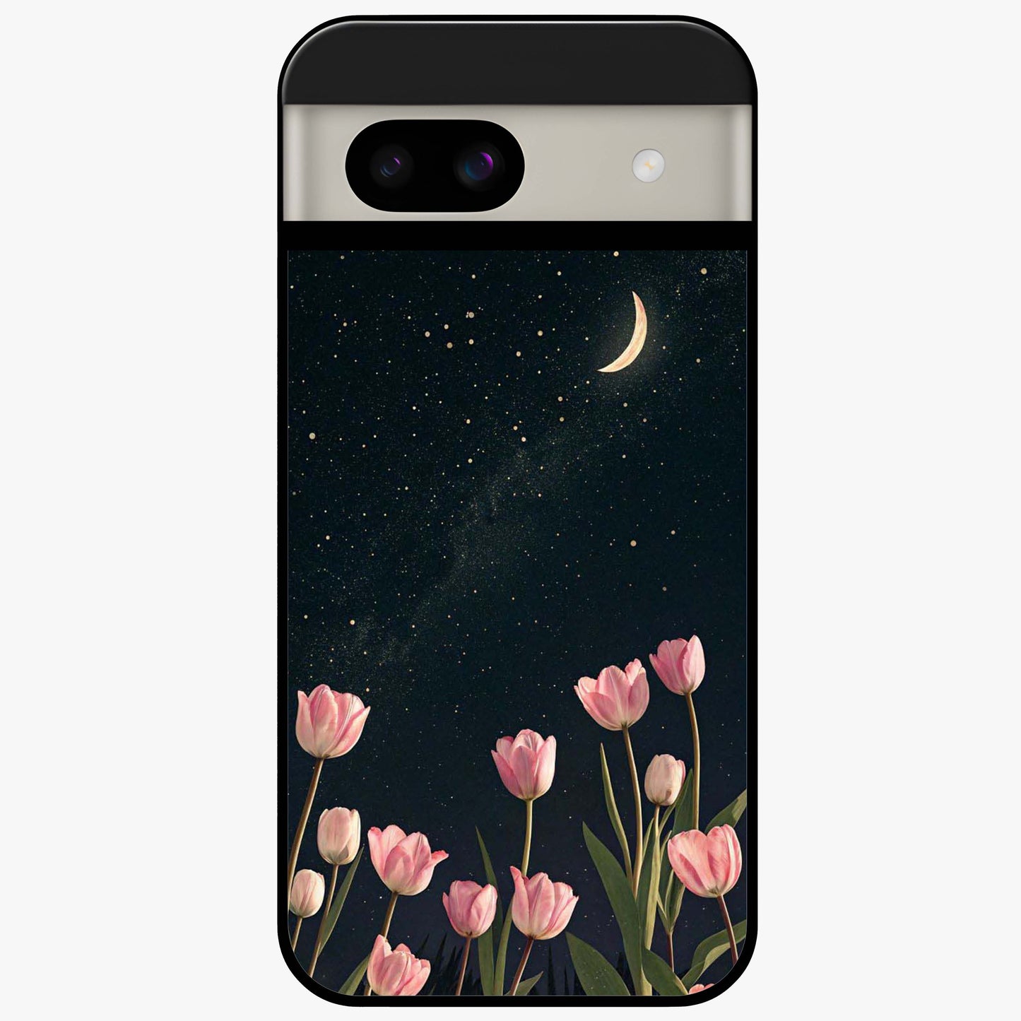 Midnight Tulip Whispers Vibe Glass Case showing flat back view with elegant tulip flower artwork and glossy glass finish.