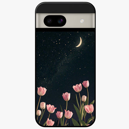 Midnight Tulip Whispers Vibe Glass Case showing flat back view with elegant tulip flower artwork and glossy glass finish.