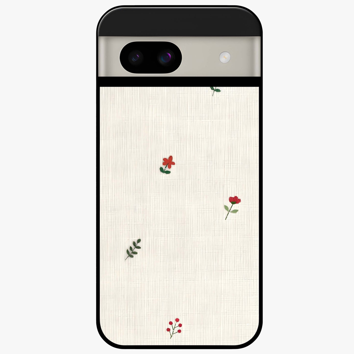 Minimal Petal Whispers Glass Case showing flat back view with soft minimal floral artwork and glossy glass finish.