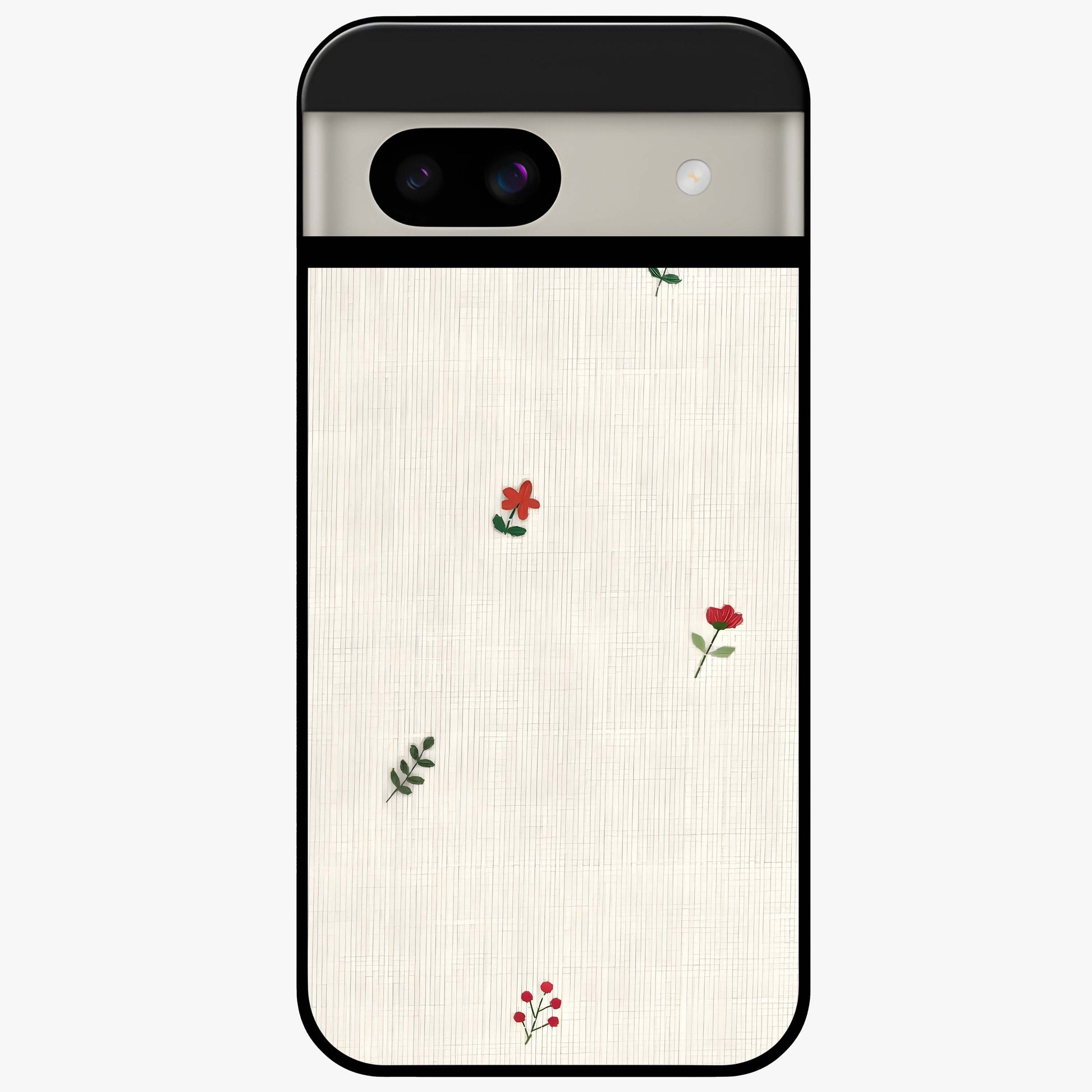 Minimal Petal Whispers Glass Case showing flat back view with soft minimal floral artwork and glossy glass finish.