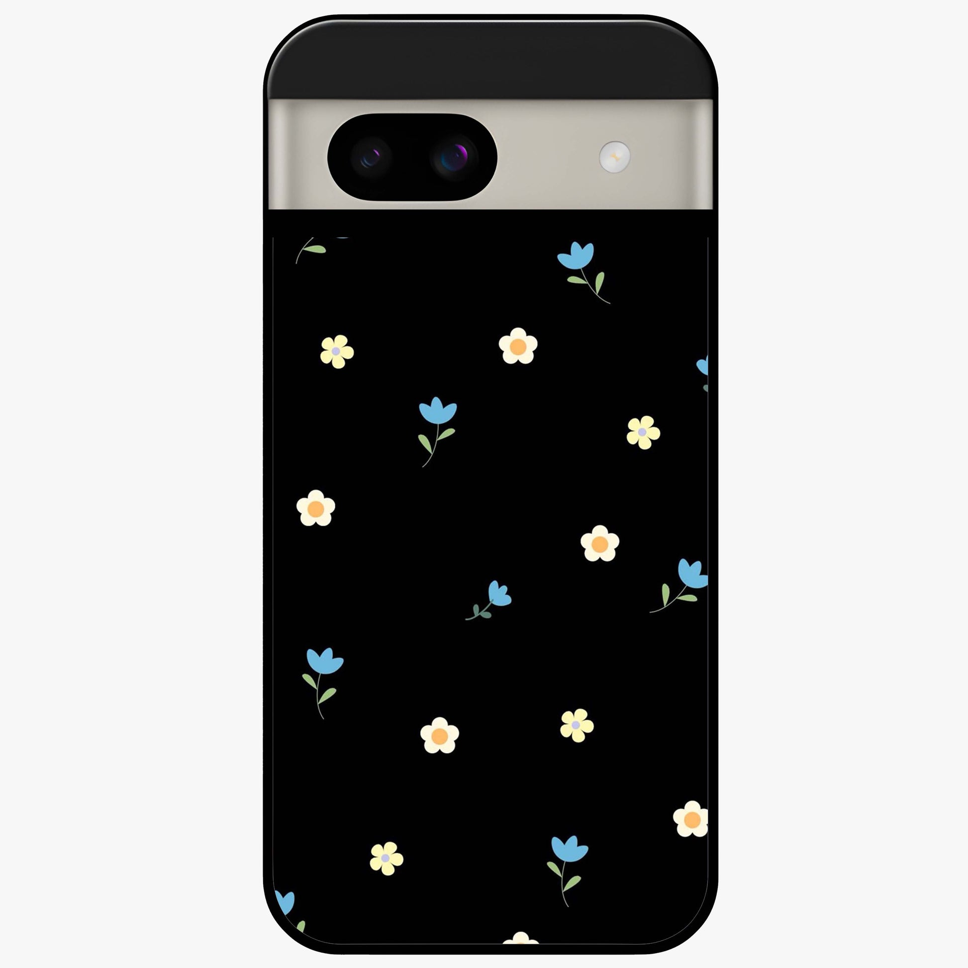 Minimalistic Blue With White Flower Pattern Glass Case showing flat back view with blue background and white flower pattern and glossy glass finish.