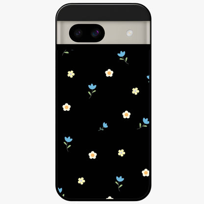 Minimalistic Blue With White Flower Pattern Glass Case showing flat back view with blue background and white flower pattern and glossy glass finish.