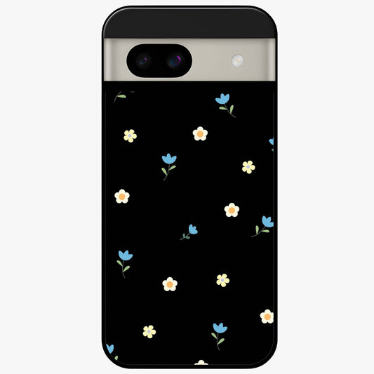 Minimalistic Blue With White Flower Pattern Glass Case showing flat back view with blue background and white flower pattern and glossy glass finish.