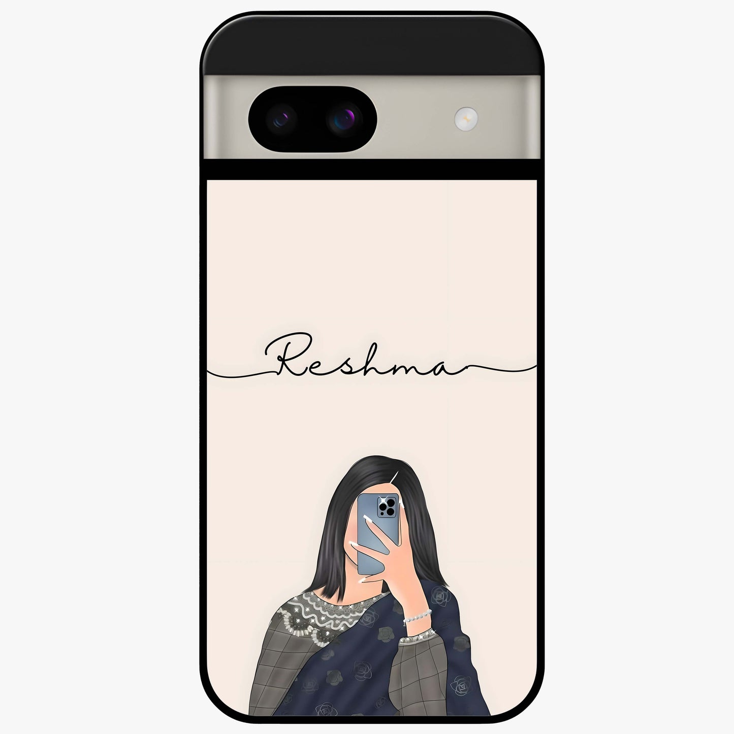 Mirror Mood Muse With Custom Name Glass Case showing flat back view with stylish mirrored artwork and personalized name design.