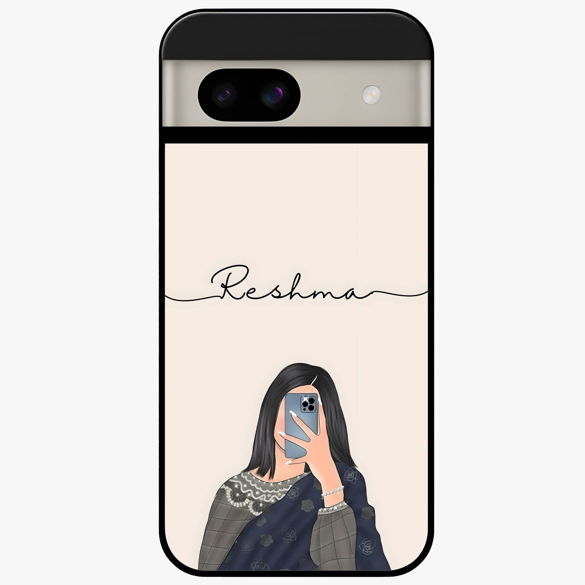 Mirror Mood Muse With Custom Name Glass Case showing flat back view with stylish mirrored artwork and personalized name design.