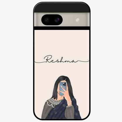 Mirror Mood Muse With Custom Name Glass Case showing flat back view with stylish mirrored artwork and personalized name design.