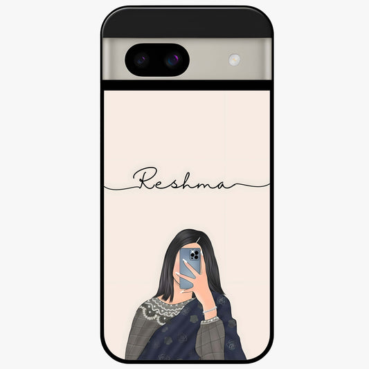 Mirror Mood Muse With Custom Name Glass Case showing flat back view with stylish mirrored artwork and personalized name design.