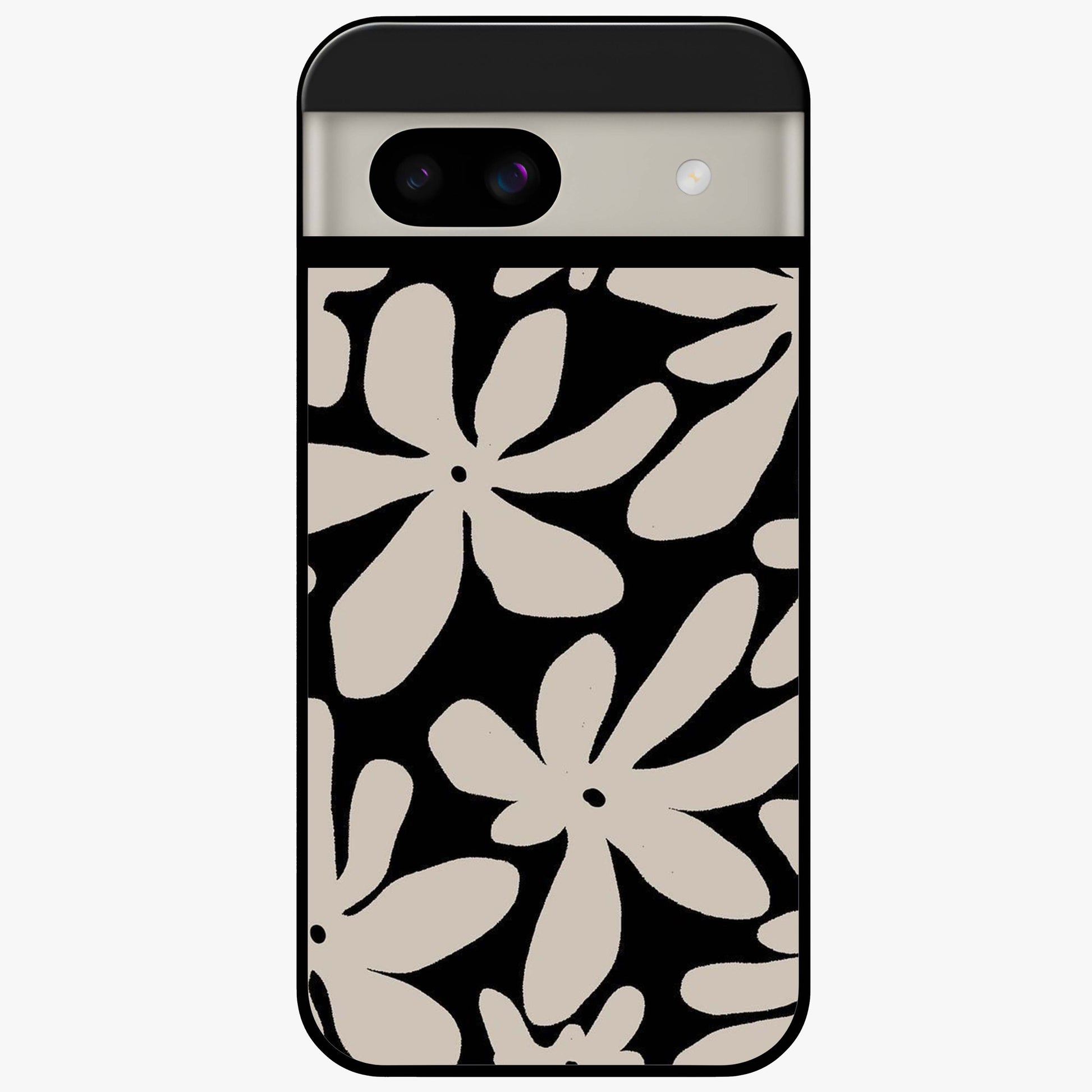 Monochrome Petal Dance Glass Case showing flat back view with monochrome floral artwork and glossy glass finish.