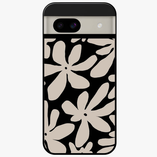 Monochrome Petal Dance Glass Case showing flat back view with monochrome floral artwork and glossy glass finish.