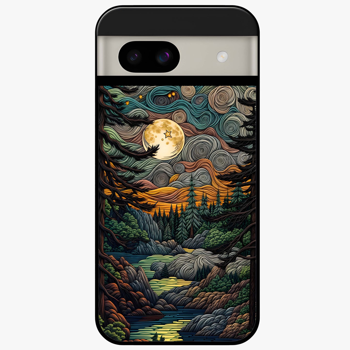 Moonlight Forest Dream Glass Case showing flat back view with mystical forest moonlight artwork and glossy glass finish.