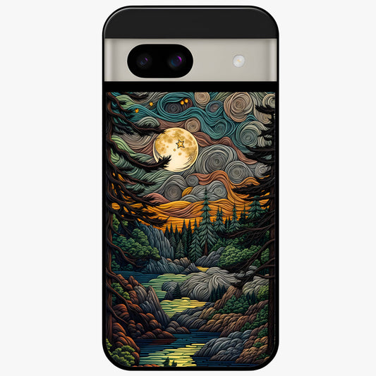 Moonlight Forest Dream Glass Case showing flat back view with mystical forest moonlight artwork and glossy glass finish.