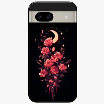 Moonlit Floral Elegance Glass Case showing flat back view with elegant floral artwork under moonlit tones and glossy glass finish.