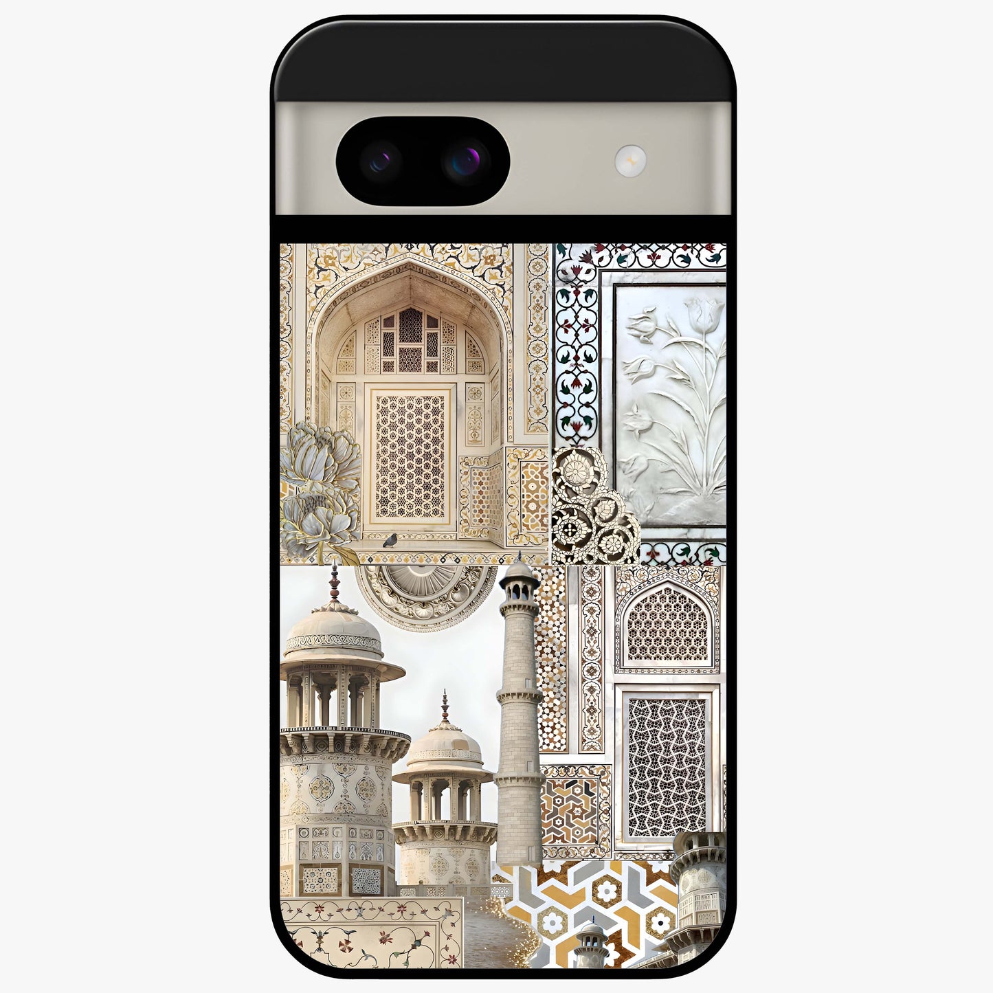 Mughal Marble Legacy Glass Case showing flat back view with intricate Mughal inspired marble pattern and glossy glass finish.