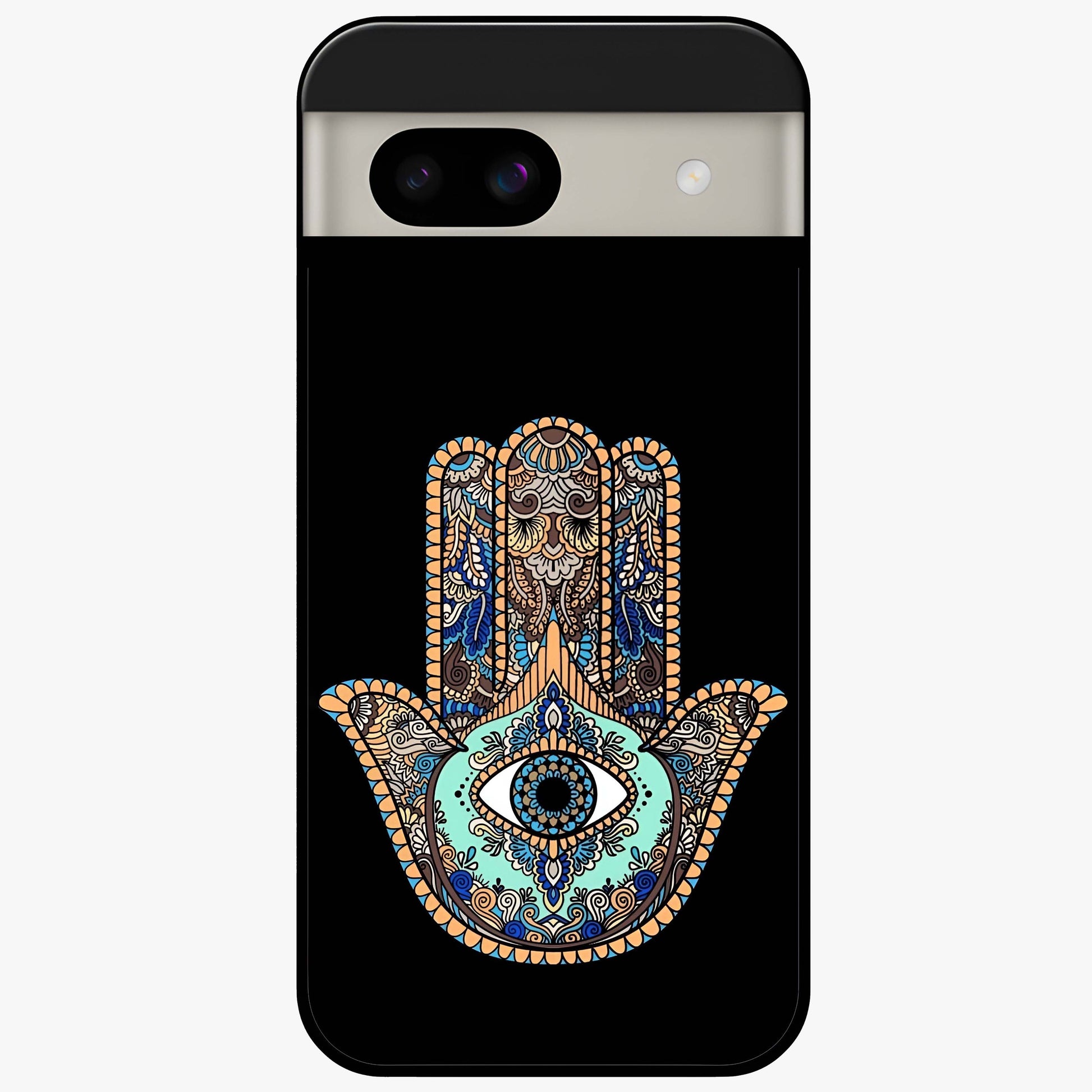 Mystic Hamsa Eye Glass Case showing flat back view with protective hamsa hand and evil eye artwork and glossy glass finish.