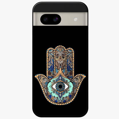 Mystic Hamsa Eye Glass Case showing flat back view with protective hamsa hand and evil eye artwork and glossy glass finish.