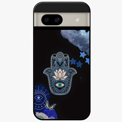 Mystic Hand Aura Glass Case showing flat back view with mystical hand symbol artwork and glossy glass finish.