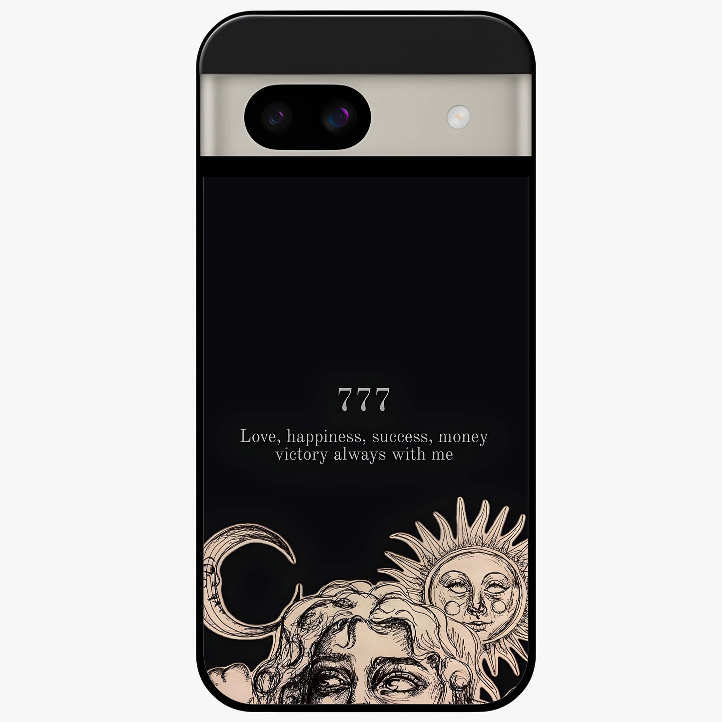 Mystic Victory Aura Glass Case showing flat back view with victory symbol artwork and glossy glass finish.