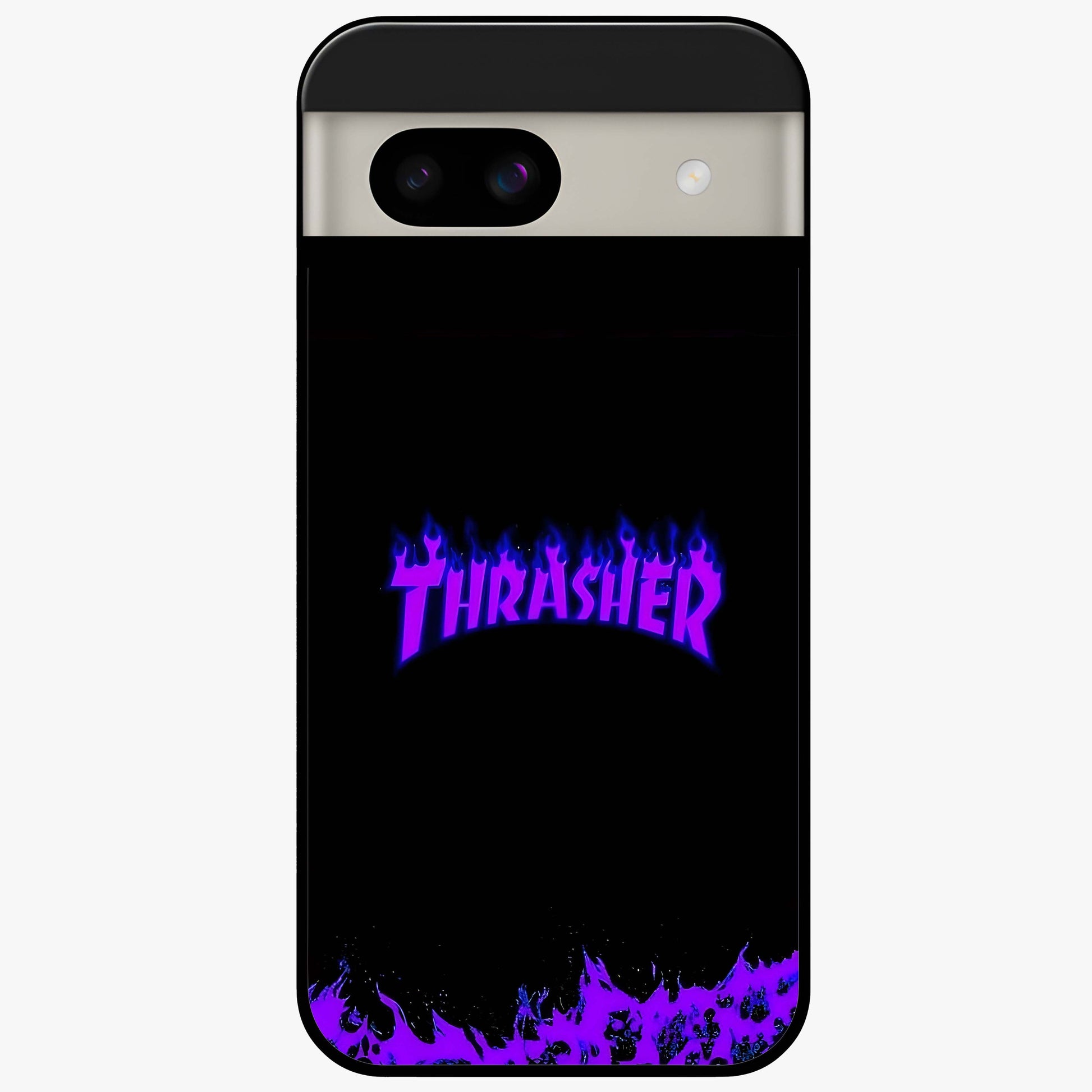 Neon Flame Riot Glass Case showing flat back view with neon flame artwork and glossy glass finish.