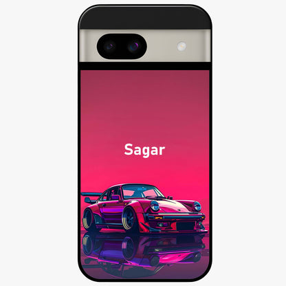 Neon Pink Porsche Glass Case showing flat back view with stylish sports car artwork and glossy glass finish.