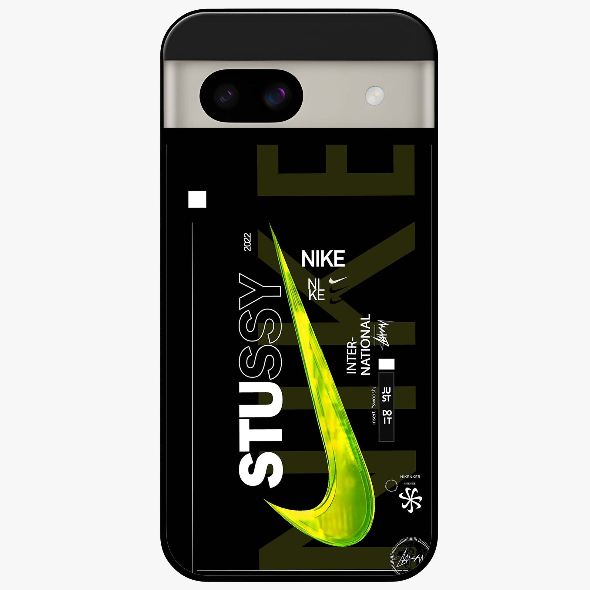 Neon Street Edition Glass Case showing flat back view with neon street style artwork and glossy glass finish.