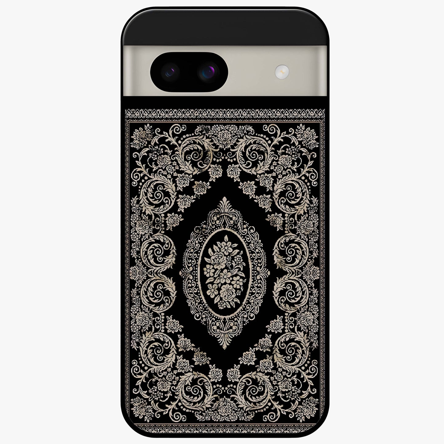 Noir Bloom Elegance Glass Case showing flat back view with elegant dark floral artwork and glossy glass finish.