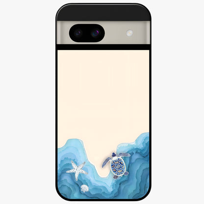Ocean Drift Turtle Glass Case showing flat back view with sea turtle artwork and glossy glass finish.