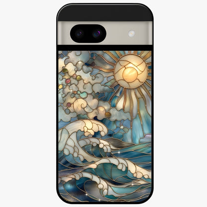 Oceanic Stained Printed Glass Case showing flat back view with ocean inspired stained pattern artwork and glossy glass finish.