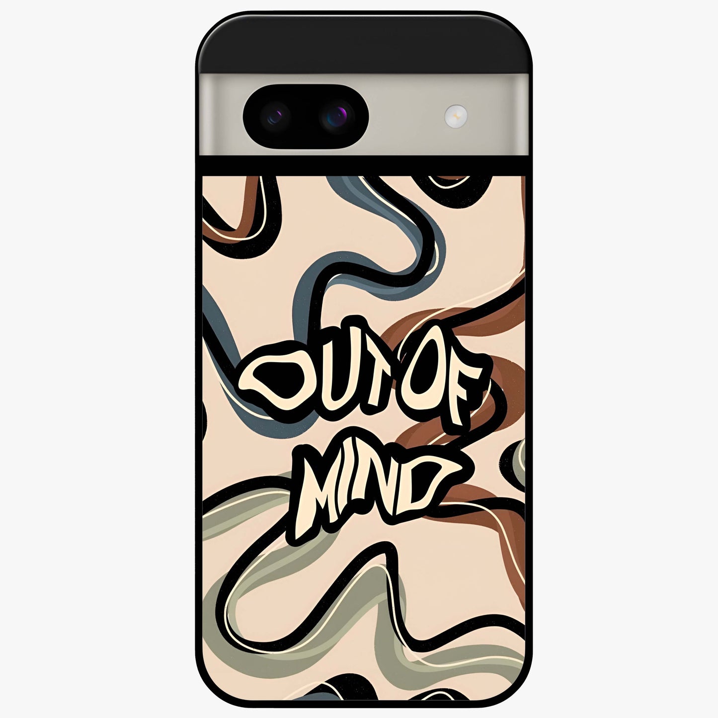 Out Of Mind Glass Case showing flat back view with expressive typography artwork and glossy glass finish.