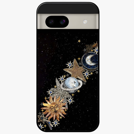 Pearls Universe Object Glass Case showing flat back view with pearl inspired cosmic artwork and glossy glass finish.