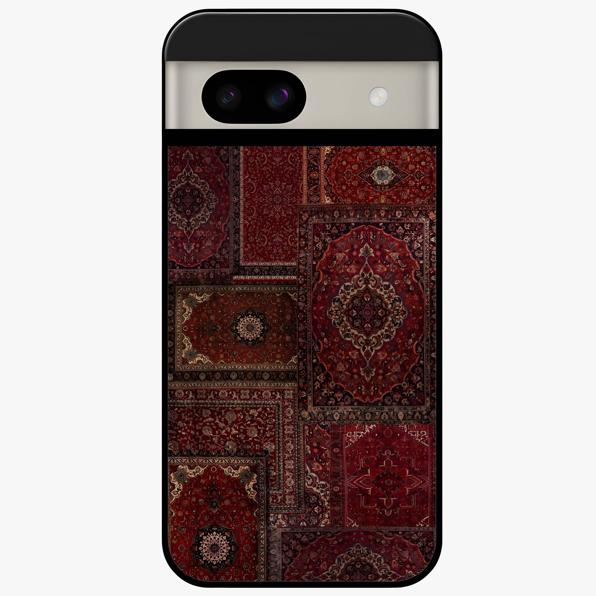 Persian Velvet Tale Glass Case showing flat back view with luxurious Persian velvet pattern artwork and glossy glass finish.