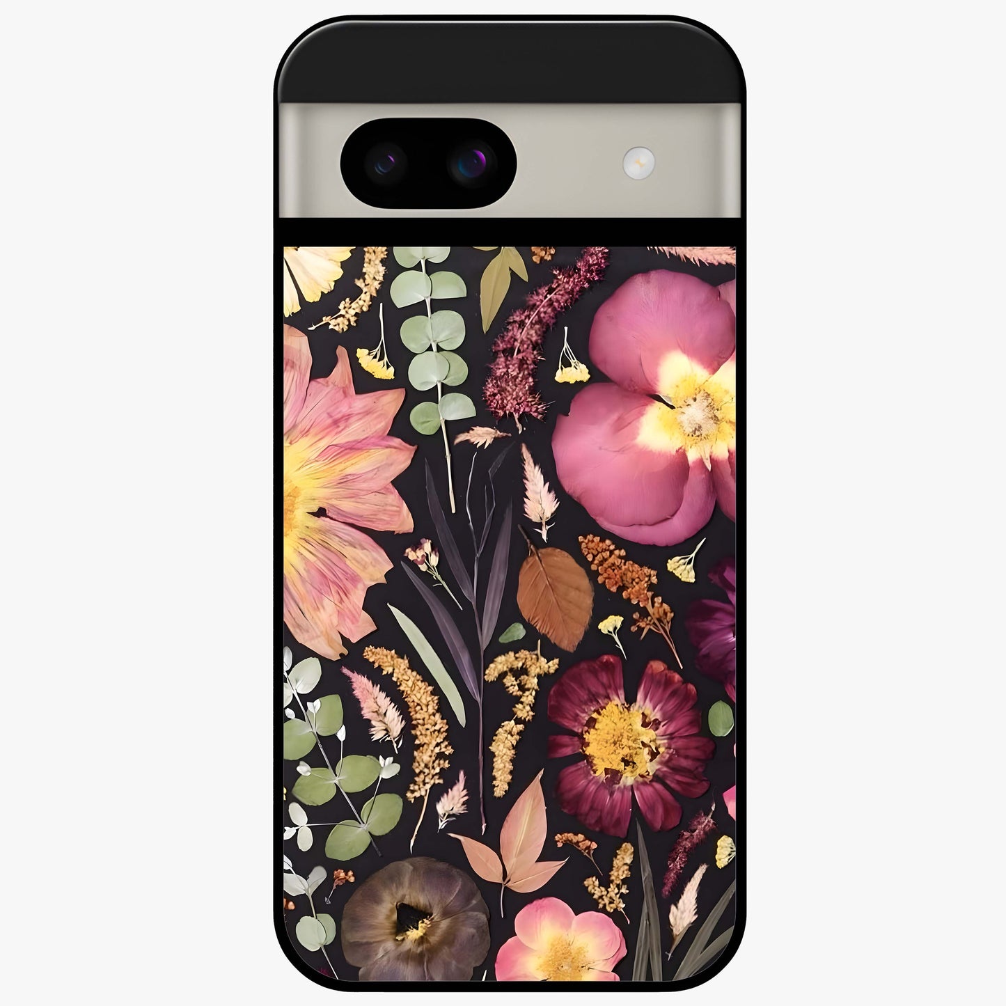 Petal Dream Tapestry Glass Case showing flat back view with intricate floral tapestry artwork and glossy glass finish.