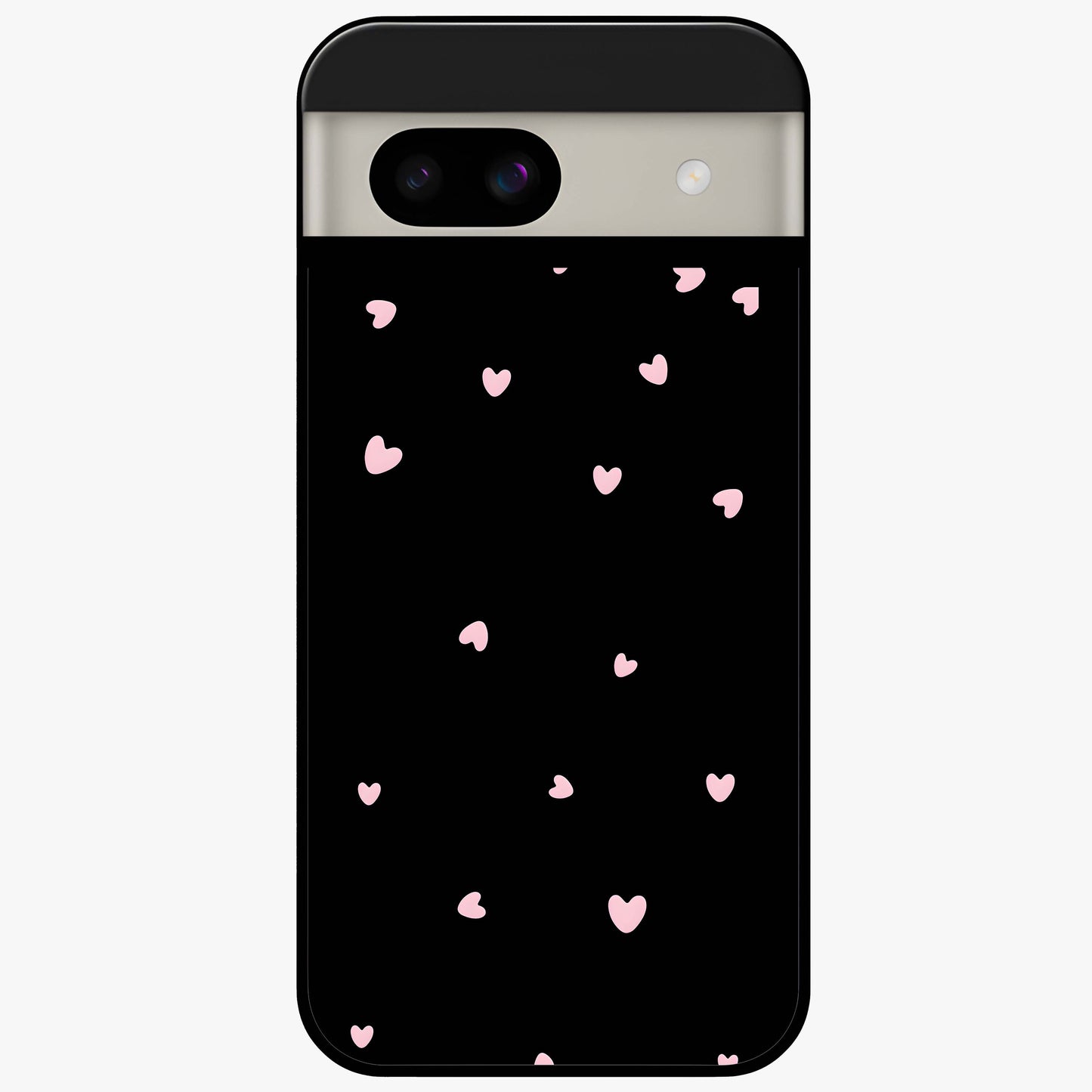 Pink Love Drops Glass Case showing flat back view with playful pink heart drops artwork and glossy glass finish.