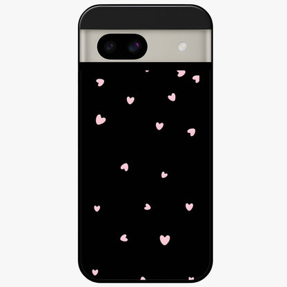 Pink Love Drops Glass Case showing flat back view with playful pink heart drops artwork and glossy glass finish.