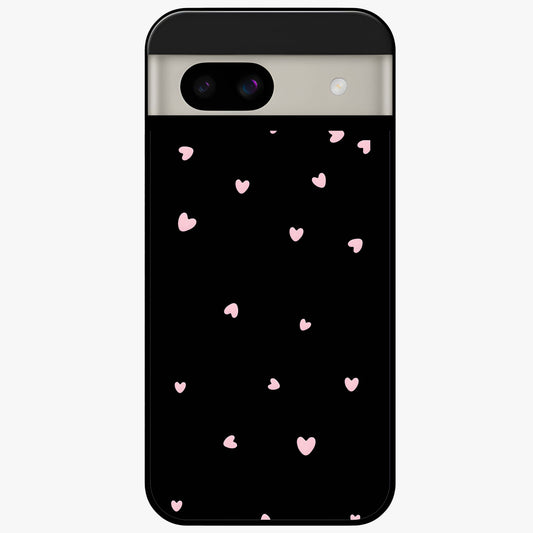 Pink Love Drops Glass Case showing flat back view with playful pink heart drops artwork and glossy glass finish.