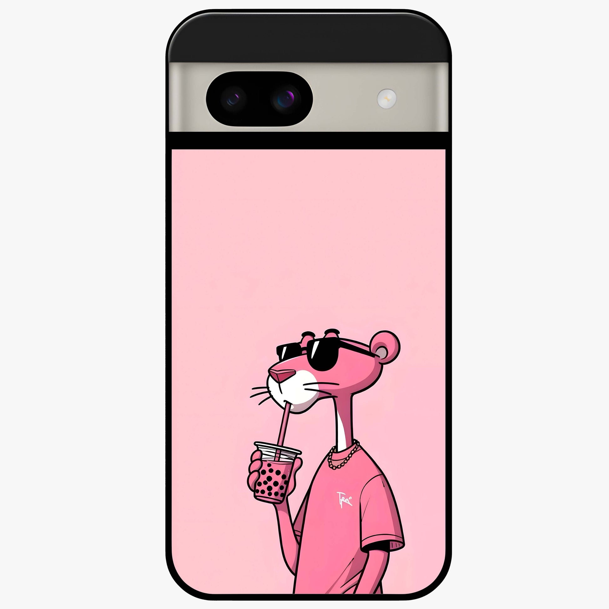 Pink Panther Glass Case showing flat back view with iconic pink panther artwork and glossy glass finish.