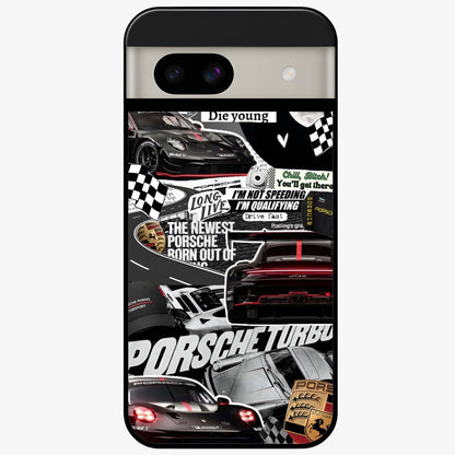 Porsche Racing Collage Glass Case showing flat back view with sports car racing collage artwork and glossy glass finish.
