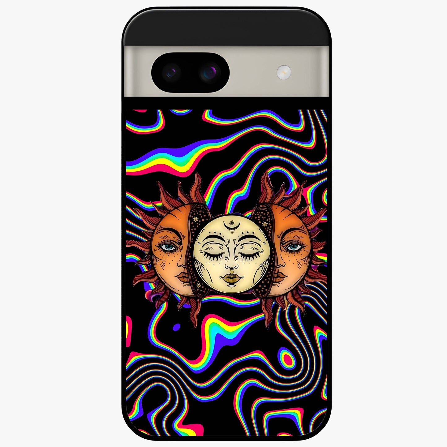 Psychedelic Sun Glass Case showing flat back view with colorful psychedelic sun artwork and glossy glass finish.