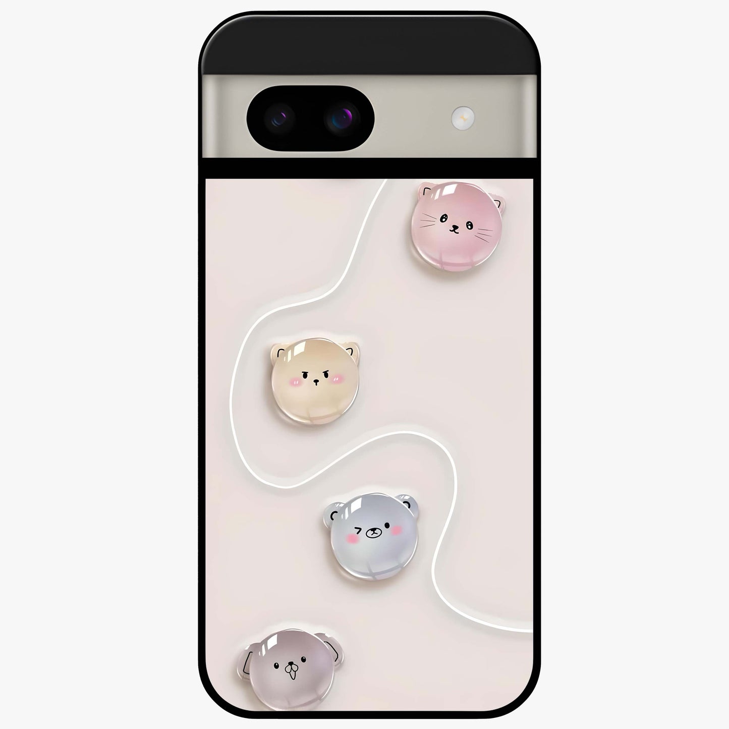 Puffy Face Parade Glass Case showing flat back view with cute puffy character faces artwork and glossy glass finish.