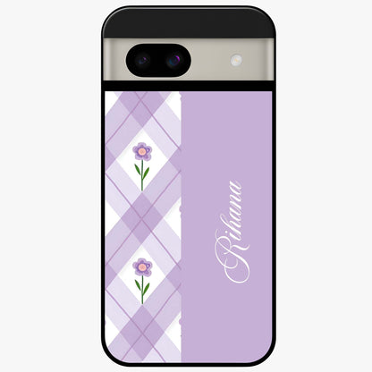 Purple Diamond Floral Glass Case showing flat back view with diamond shaped floral artwork and glossy glass finish.